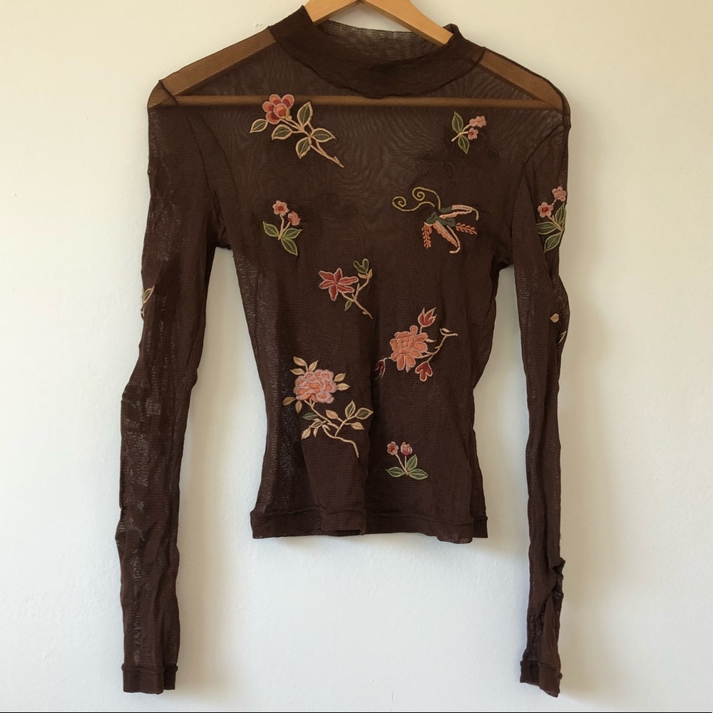 Vivienne Tam Brown Sheer Mesh Mock Neck Top